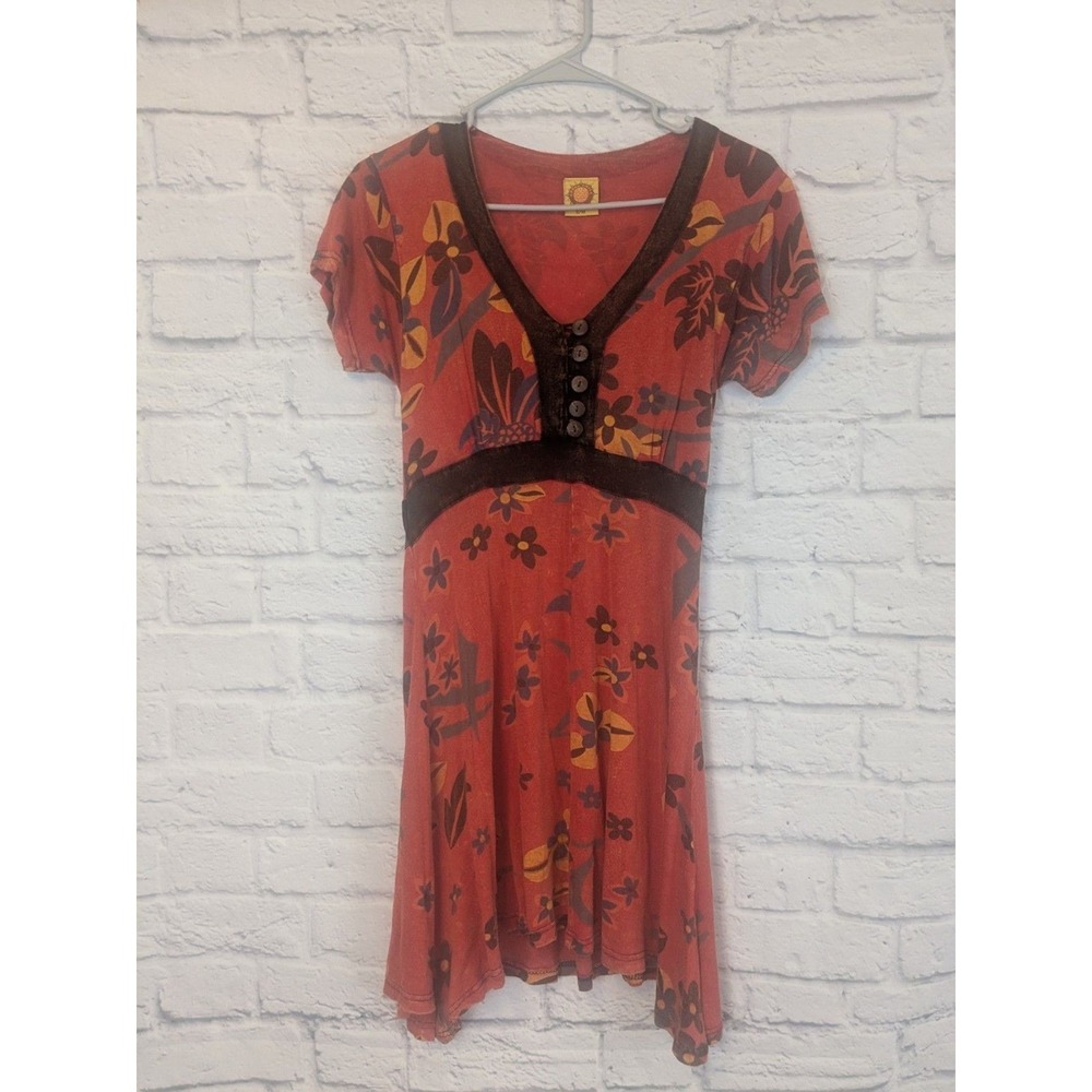 Y2K Karma Cirlcle USA Boho Floral Shark Bite Hem dress S/M Orange Brown‎ Empire